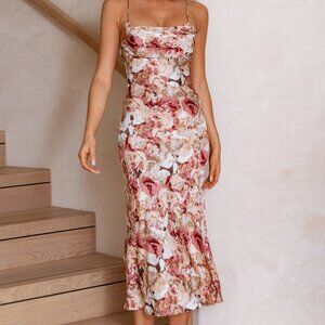 Selfie Leslie Pleated Bust Front Split Dress Floral Abstract Print Rose- XS